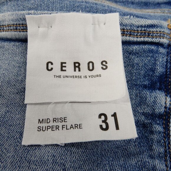 CEROS Mid Rise Super Flare JEANS Size 31 Blue Denim Back Slit NEW - Picture 10 of 12